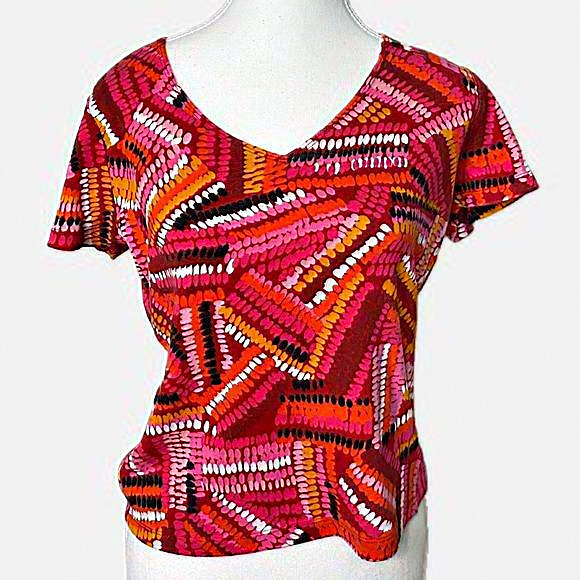 Rafaella Tops - Rafaella Multi colored red, pink, black &‎ white Cropped Short Sleeve Top
